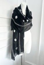 Ladies Black  White Embroidered Arty Boho Long Large  Italian  Neck Scarf Shawl
