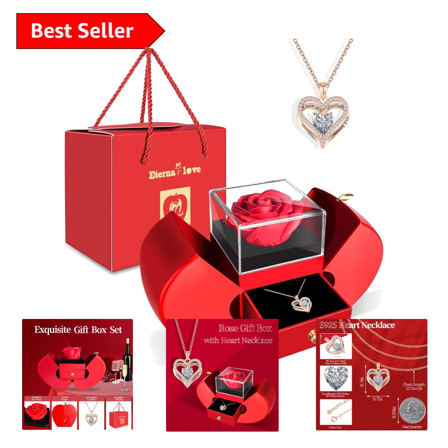 Charming S925 Silver Heart Necklace & Preserved Red Rose Gift Box for Loved Ones