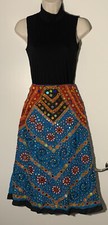 Women  s Vintage Retro Boho Orange  Blue Embroidered Beaded Midi Skirt, Size XS