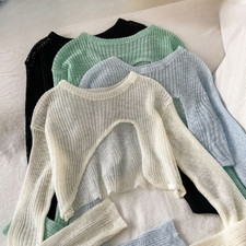 Lady Knit Cut Out Crop Tops Above Chest Semi Sheer Irregular T Shirt Casual Sexy