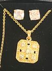 Avon Gold Tone Brillant Stud Princess Cut Cz Earrings With Square Necklace