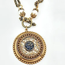 Vtg Button Medallion Necklace Gold Tone Filigree Victorian Revival Wow Leaf Fall