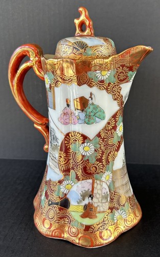 Antiguo Juego de Ollas y Tazas de Chocolate Kutani 9 Piezas Japonés Pintado a Mano Oro Rojo - Imagen 15 de 24