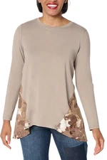 LOGO by Lori Goldstein Women's Rayon 230 Top with Printed Peplum Khaki