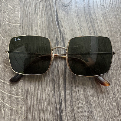 Ray-Ban Caravan Square Sunglasses Gold Metal Frame Green Tinted Glass UV400