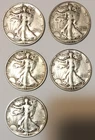 Nice Lot, 5 Walking Liberty Silver Half Dollars 1941s, 1942s, 1943s, 1944p,1945d