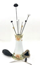 Vintage Hand Painted Nippon Art Nouveau Floral Hat Pin Holder w/ 14 Pins