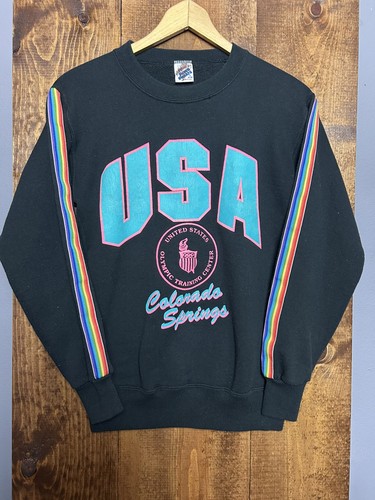 Felpa piccola girocollo olimpica USA vintage centro allenamento righe arcobaleno - Foto 1 di 5