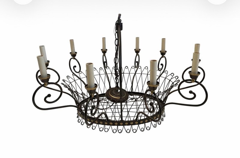 Vintage French 10-Light Oval Basket Wirework Chandelier Rubbed Black Gold
