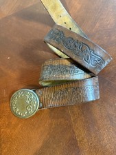 Vintage Western Leather Belt Brass Floral Oval Buckle Country Style