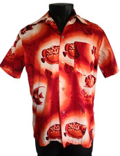 VTG Hawaiian Barkcloth Red Orange Fish Button Up 100 Cotton SS Shirt Mens Sz. M