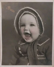 Baby Toddler Wearing Bonnet & Sweater, Hand Tinted, VTG 1940s Photo 8 X 10"