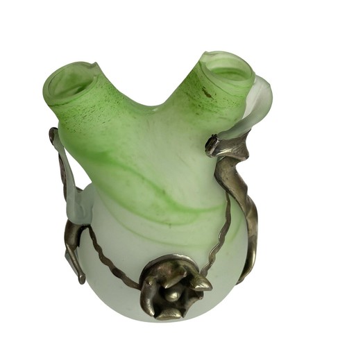 Art Nouveau Glass Silver Tone Floral Metal Encased Double Mouth Vase - Picture 3 of 16
