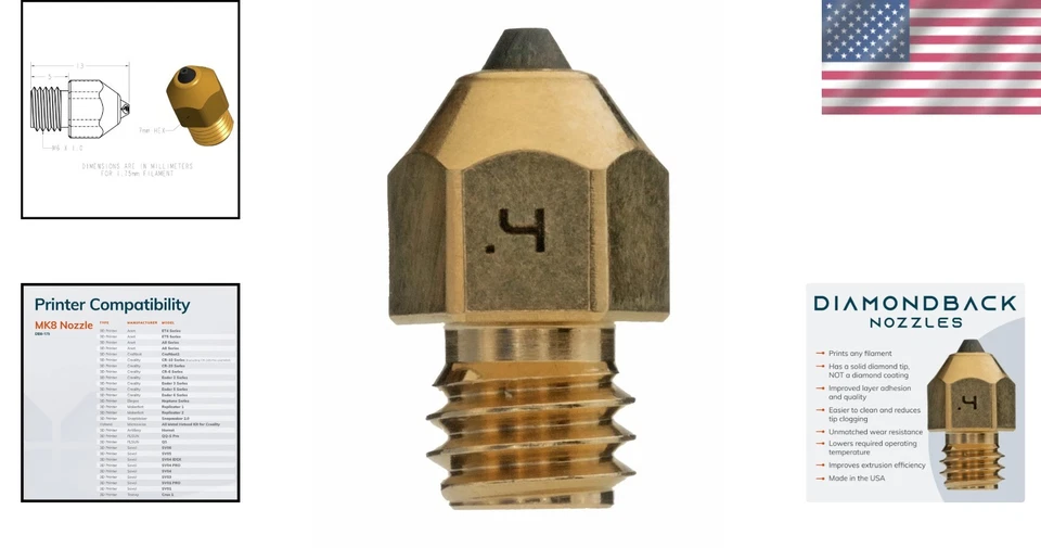 3D Printer Nozzle Polycrystalline Diamond Tip Compatible MK8 0.4mm Long Life - Image 2 of 4