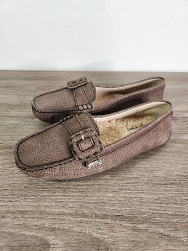 Mocassini scarpe slip on Ugg 1693 donna pelle marrone solette montone misura 8 5