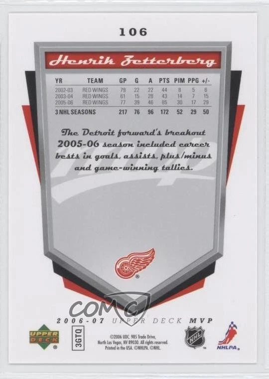 2006-07 Upper Deck MVP Henrik Zetterberg #106 - Image 2 of 2