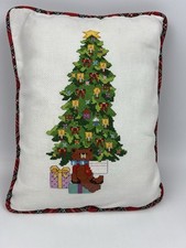 Needlepoint Christmas Tree Pillow Teddy Bear Rectangle Homemade 15  x12  