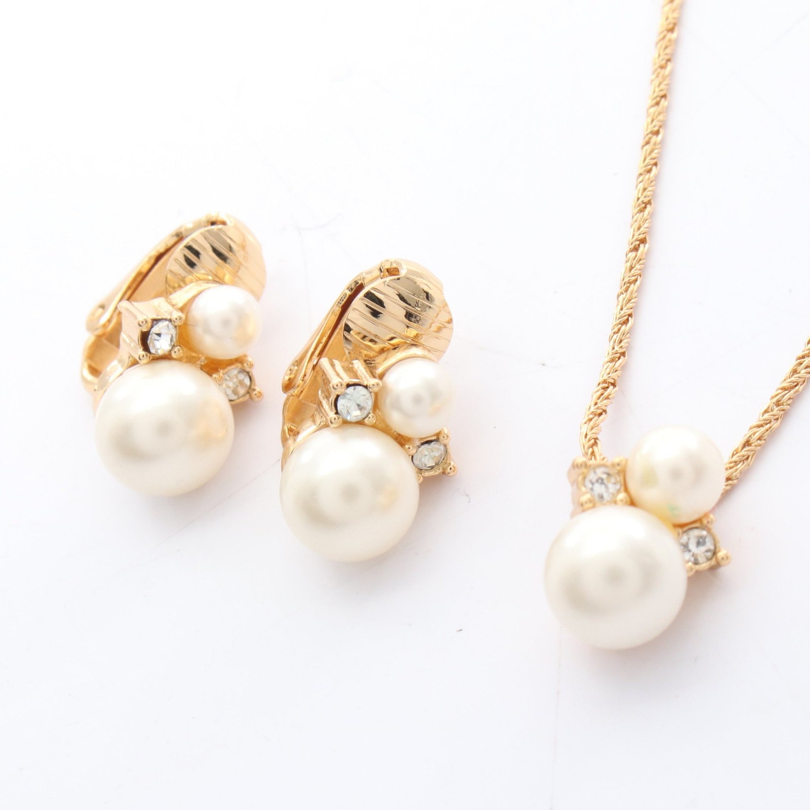 Dior GP Pearl Rhinestone Gold White Clear Necklace Earrings Set-image