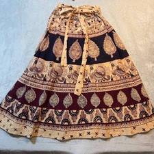 Vintage Block Print Cotton Wrap Skirt Peacock Hamsa Boho Midi Tan Burgundy 1055