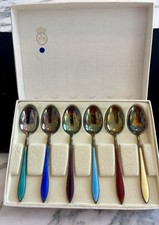 Boxed Set of 6 David Andersen Norway 925 Silver Gilt Guilloché Enamel Teaspoons