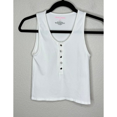 Suzette Collection White Ribbed Tank Top Silver Snap Front Scoop Neck Size M/L