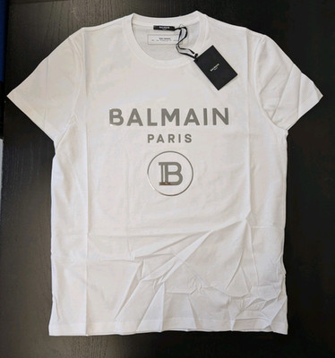 Balmain Logo Metallic T-Shirt Weiß Silber Slim Fit Größe XL - Original UVP 360£
