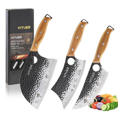 Vituer 3Pcs Butcher Knife Set Hand Forged 7 Butcher Meat Cleaver 7 Serbian Chef