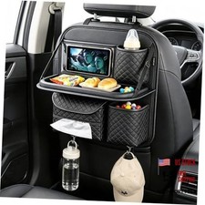 PU Leather Backseat Car Organizer with Foldable Tray Tablet Holder Black