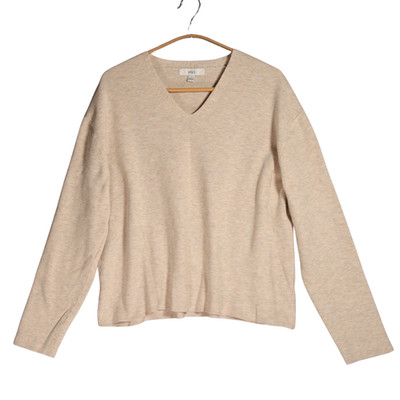 Marks & Spencer Jumper Womens Size Large Beige V Neck Ribbed Relaxed Boxy Cosy