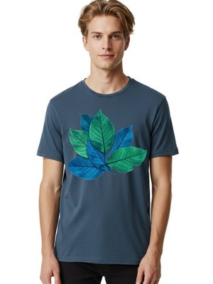 Blue-Leaves Mens Graphic Tee, 100% Cotton, Casual Summer Wear