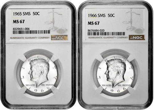 1965 + 1966 SMS 50c Kennedy Half Dollar NGC Graded MS 67 Two Coin Lot