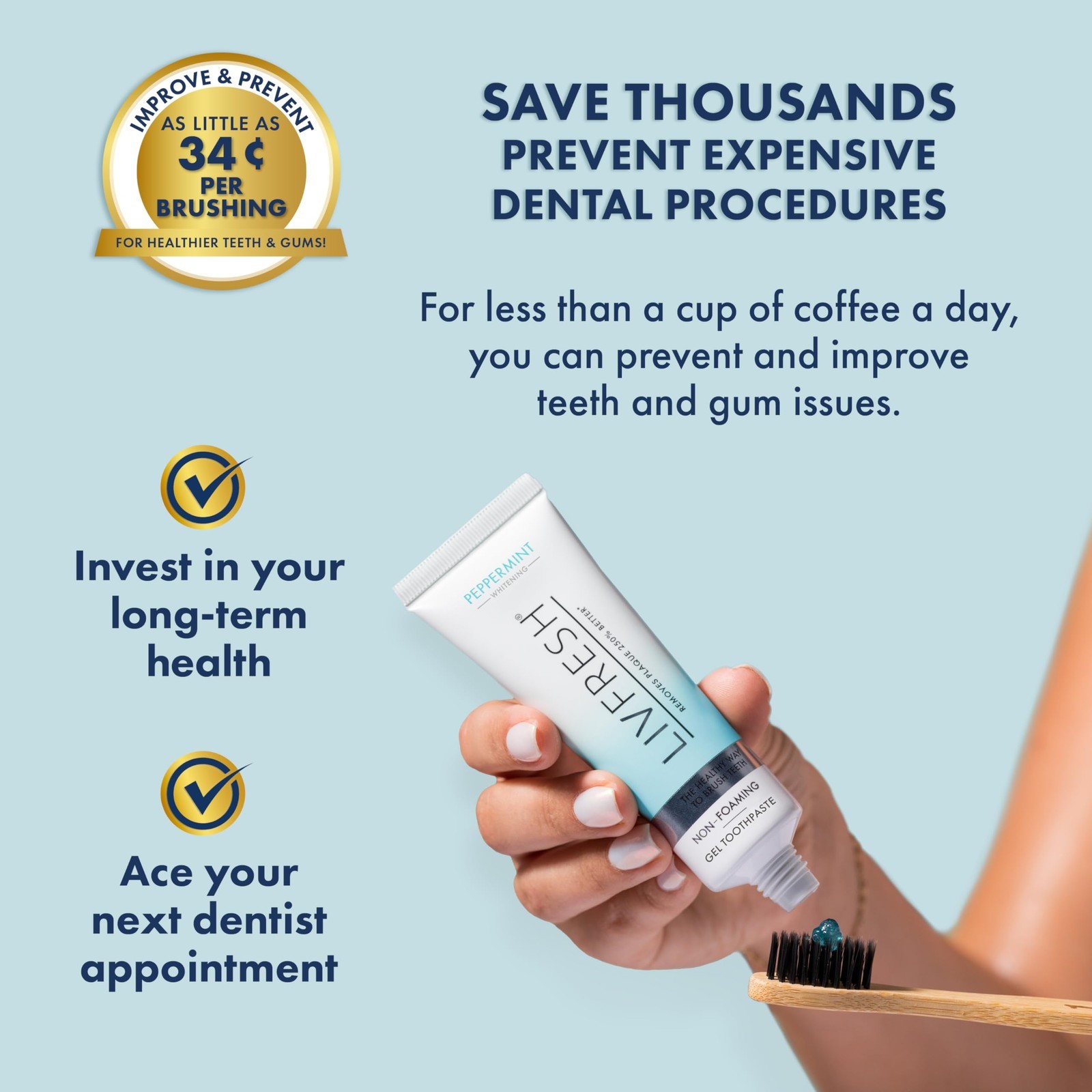 LIVFRESH Toothpaste Gel, Clinically Proven to Remove Plaque 250% Better. 1.75 oz