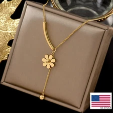 Woman 18K Gold Plated Stainless Steel Daisy Flower Charm Tassel Chain Necklace