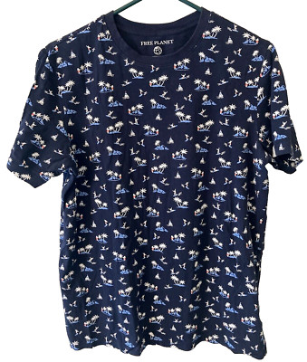 Free Planet Tee Shirt Men's Medium Navy Stretch Surfer Island Boat Tropical