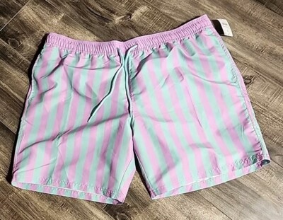Mad Engine Swim Shorts Men XL Green Pink Stripe Mesh Lined Comfort Elastic Waist