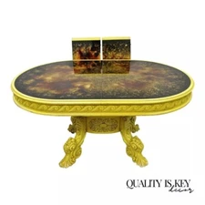 French Baroque Rococo Style Oval Eglomise Art Glass Top Yellow Dining Table
