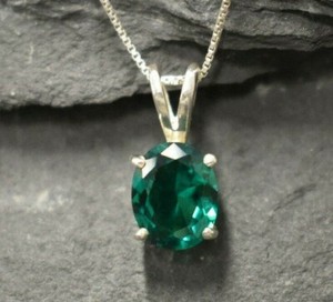 Authentic 6 X 8mm Oval Simulated Green Women's Solitaire Pendant White Gold Plated Silver