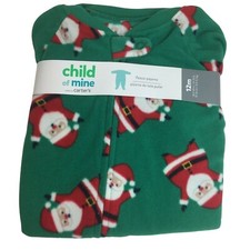 Carters Child of Mine 12 month Fleece Footed Pajamas Green Santa Sleeper New