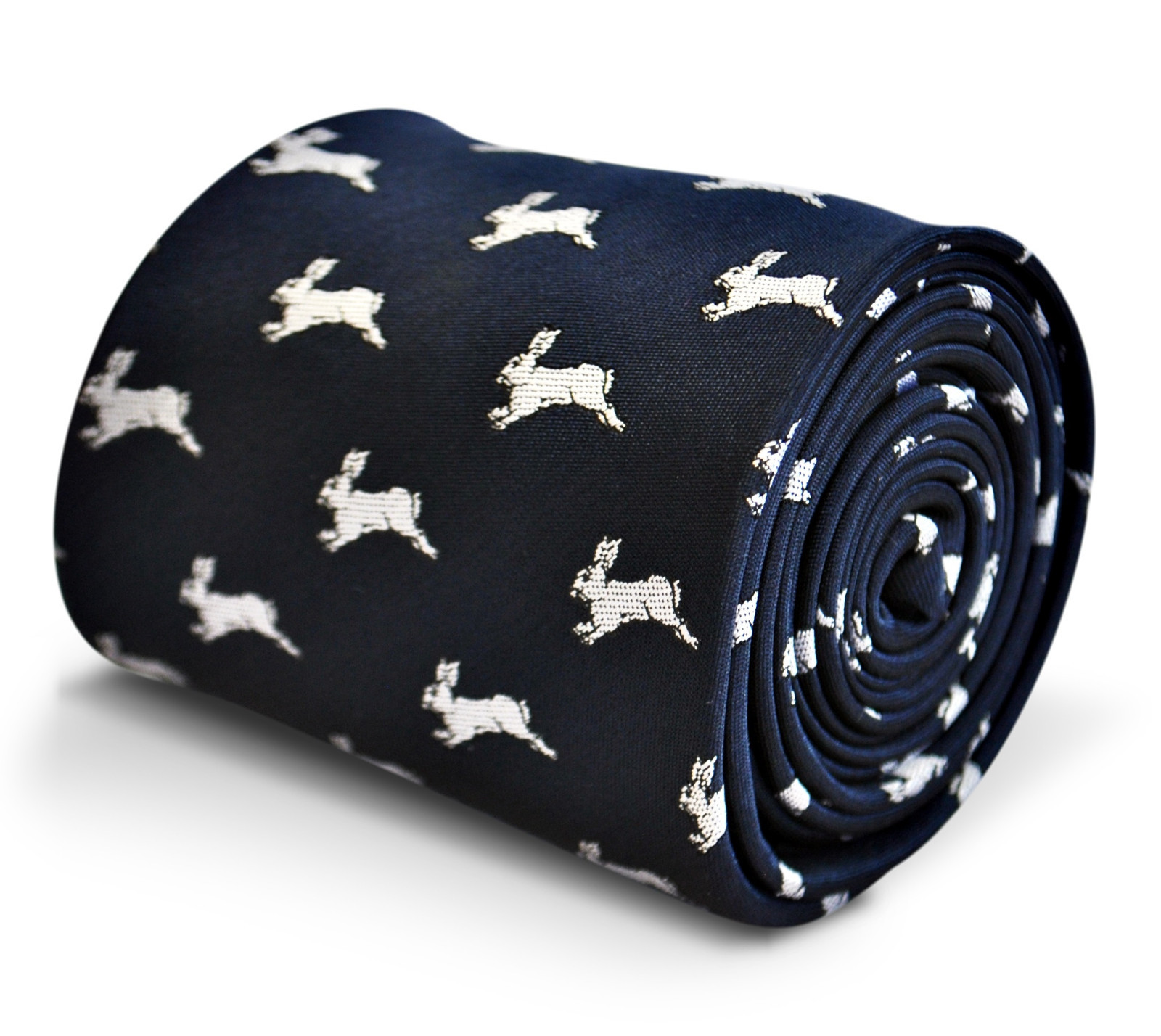 Frederick Thomas navy blue tie with leaping White rabbit hare design Nordic