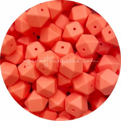 10 silicone beads BRIGHT CORAL 17mm hexagon BPA free polygon DIY orange pink