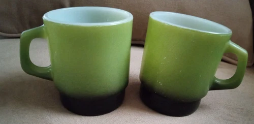 Set of 2 - Fire King Stacking Avocado Green Black Coffee Mugs D Handle Nice!