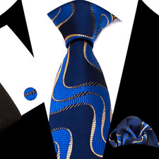 Classic Striped Blue Gold Jacquard Silk Men's Tie Necktie Hanky Cufflink Set