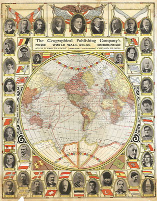 1921 World Map in One Hemisphere Portraits of World Leaders Wall Poster Vintage