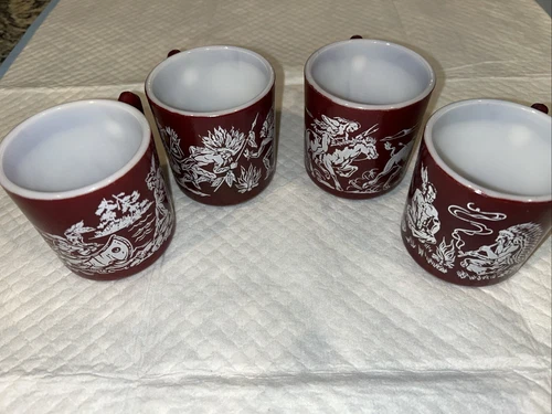 Vintage 1950 Hazel Atlas Milk Glass Red/Maroon ￼Mug Western Native American 4pcs