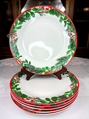 Set of 6+ Royal Norfolk Christmas Holly Berry Wreath Dinner Plates