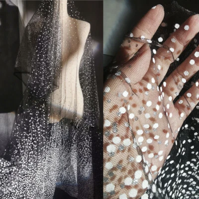 Tissu Mesh Voile Transparent À Pois Brillant En 1 Mètre Noir Blanc Polyester - Photo 1/4