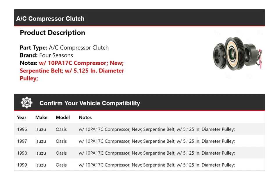 For 1996-1999 Isuzu Oasis A/C Compressor Clutch 4 Seasons 1997 1998 - Image 2 of 4