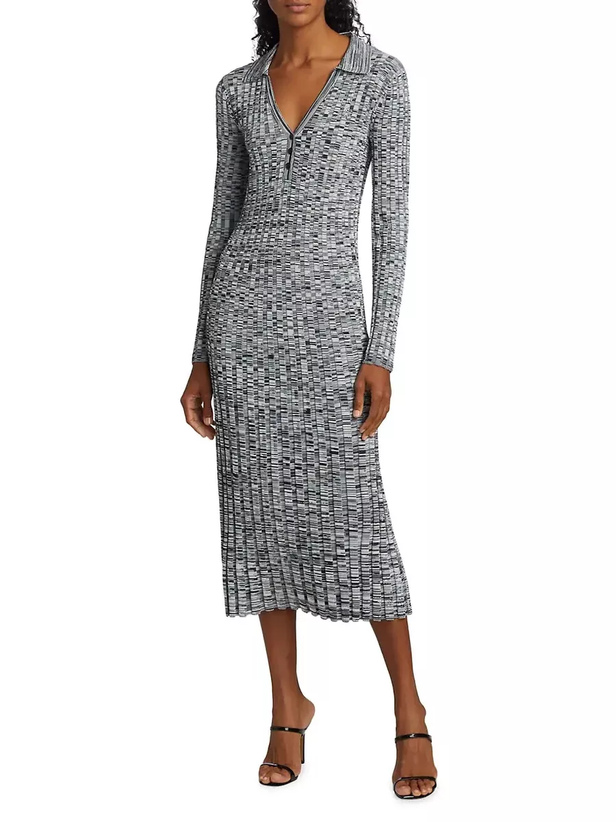 295 Elie Tahari Polo Midi Sweater Dress XS Sky White Noir Space Dye Rib Knit