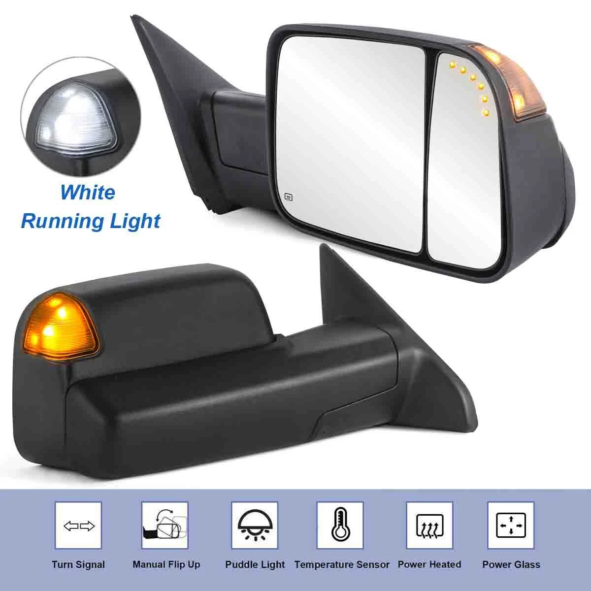 2PCS Tow Mirrors For 10-18 Ram 1500 2500 3500 w/ White Running Lamp Temp Sensor
