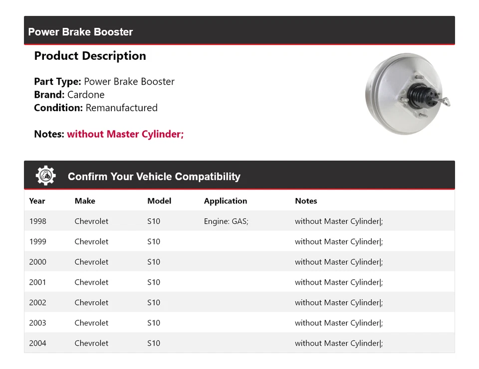 Para Chevrolet S10 1998-2004 Potencia Brake Booster Cardone 1999 2000 2001 2002 2003 Foto 2 de 4